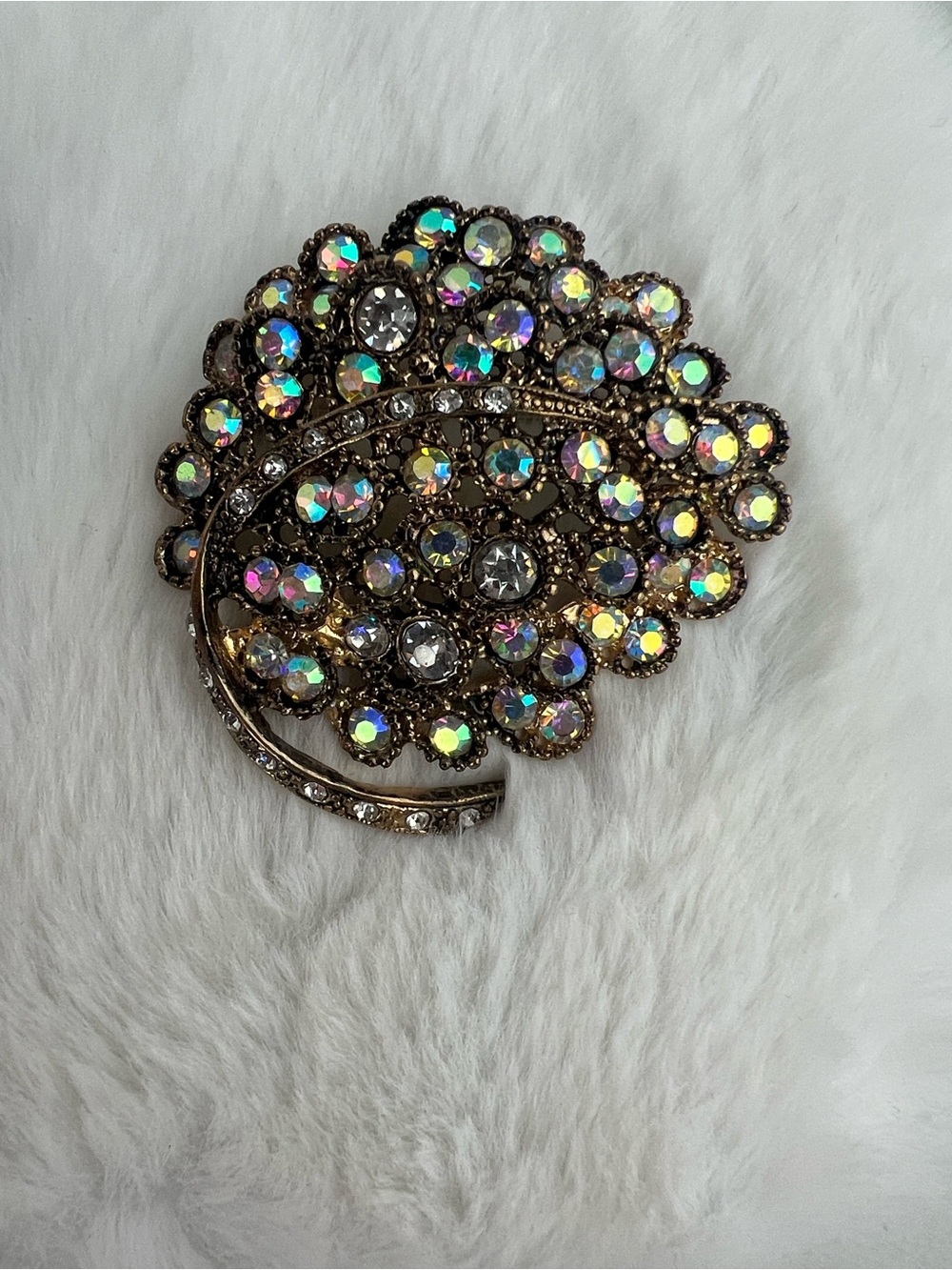 Vintage Aurora Borealis Rhinestone Cluster Brooch Pin Mid Century Gold Tone